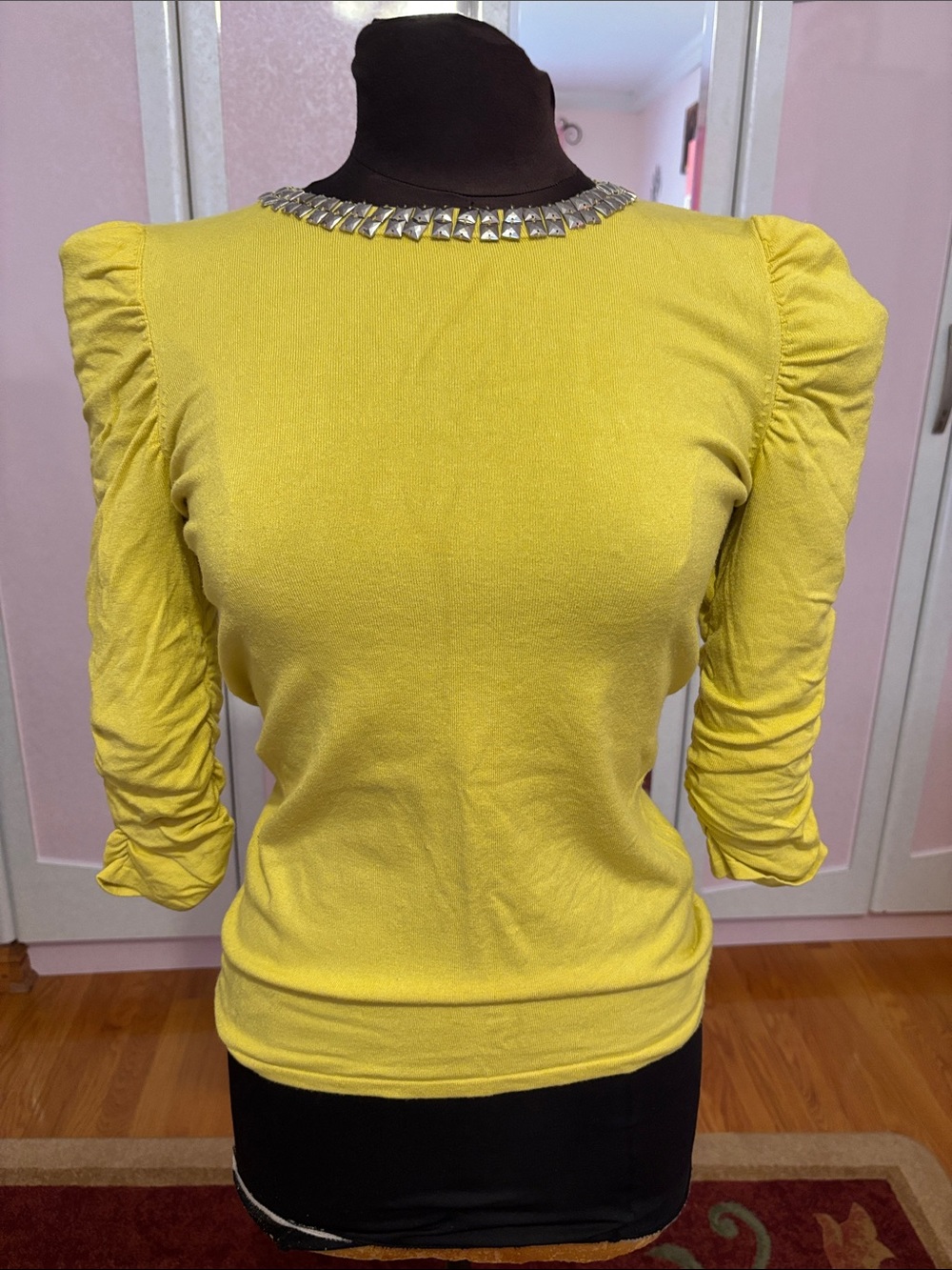 INC International Concepts Yellow Puff-Sleeve Jewel-Neck Sweater